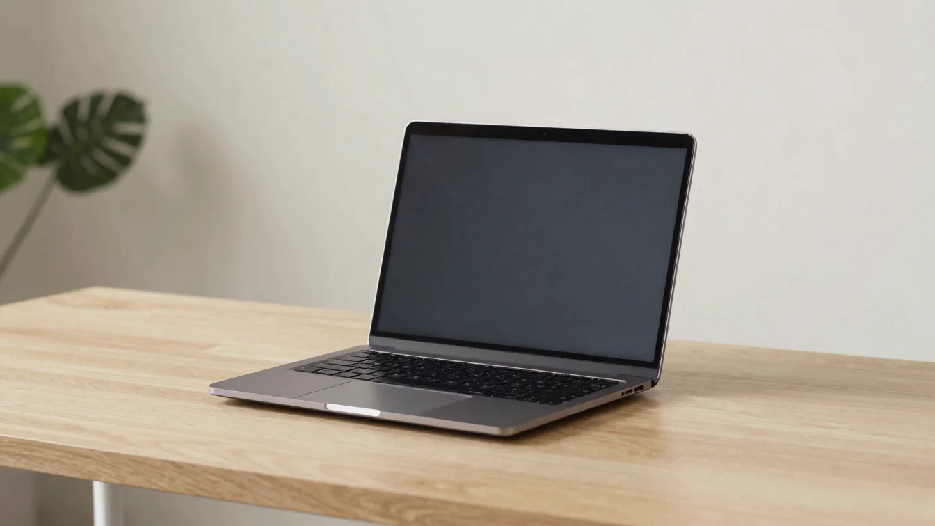Considered three-quarter view of a slim laptop on a light oak des