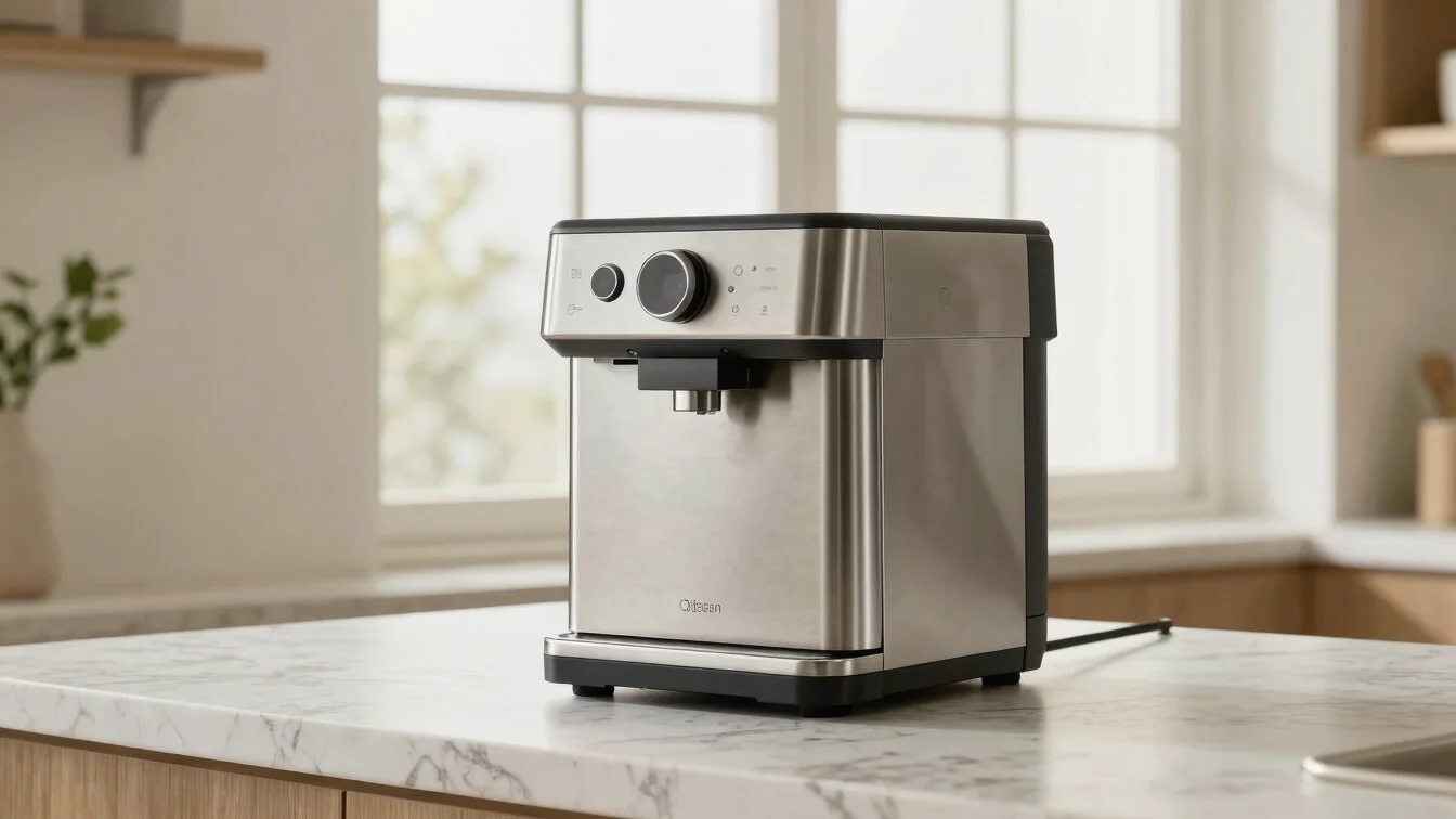 Clean product close-up of a stainless kitchen appliance on a marb