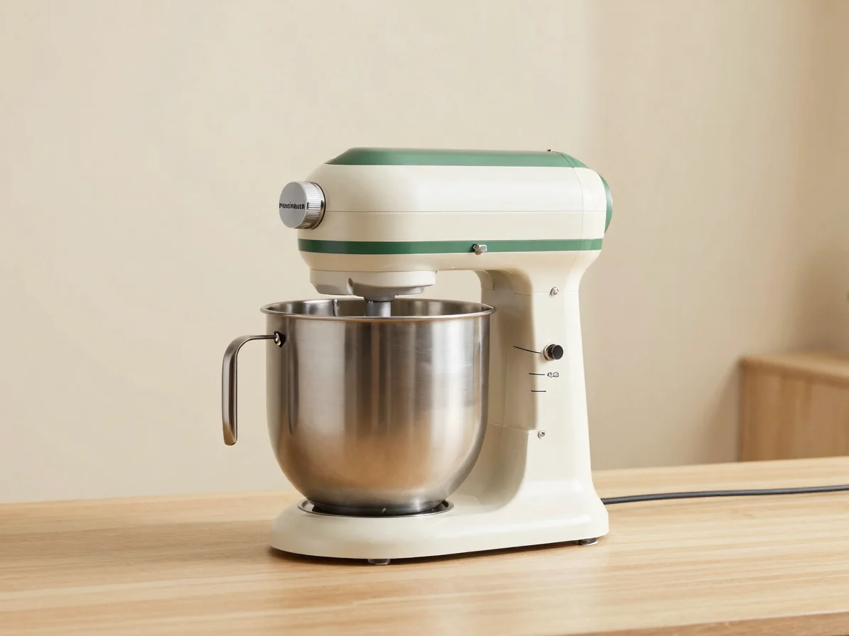 Premium product close-up of a countertop mixer in soft studio day