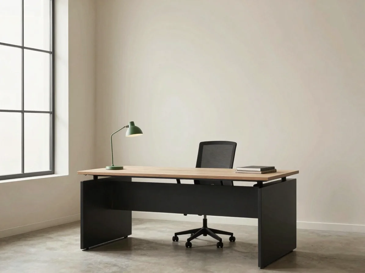 Editorial interior with a quiet office desk and a single lamp in